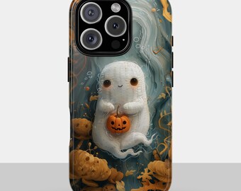Broderat spökskal för iPhone 14, Samsung Galaxy och Google Pixel - Söt pumpa Halloween-skal med läskig present