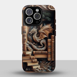 Bookish Flying Dragon Phone Case, Bookshelf Phone Case, Fantasy Phone Case, Tough Case for iPhone, Google Pixel and Samsung