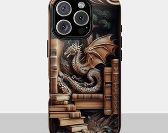 Dragon Phone Case with Bookshelf Design – Fantasy Book Lover Gift Cover for iPhone, Samsung & Pixel