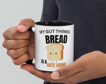 Funny Gluten Intolerance Mug - My Gut Thinks Bread Is a Hate Crime - IBS Humor Gift - Celiac Disease Coffee Cup - Digestive Issues Joke