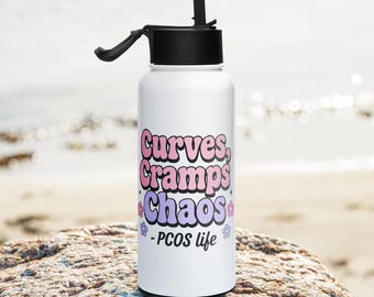 Curves Cramps Chaos PCOS Water Bottle – Funny PCOS Gift for Women – Polycystic Ovary Syndrome Stainless Steel Bottle – Hormone Health