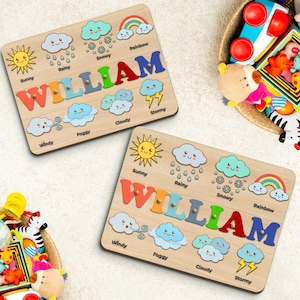 Personalized Wooden Name Puzzle for Toddlers, Custom Weather Learning Board, Montessori Baby Gift, 1st Birthday Gift, Nursery Decor Puzzle