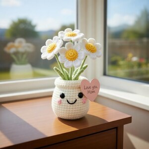 Handmade Crochet Daisy Pot, Personalized Mother's Day Gift, Cute Smiling Flower Pot Decor, Custom Message Daisy,Thinking of You Gift for Her