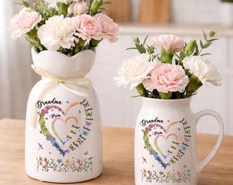 Jarrón de flores personalizado con forma de corazón para mamá y abuela, jarrón con nombre familiar, jarrón con nombres de niños, regalo para las generaciones de mamá y abuela, regalo para el Día de la Madre.