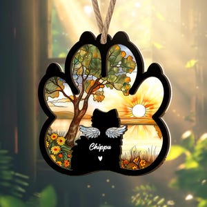 Custom Pet Memorial Paw Suncatcher - Personalized Acrylic Window Hanging for Dog or Cat Loss with Name, Breed & Background Choice