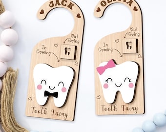 Colgante de puerta personalizado para el Hada de los Dientes para niños, soporte de madera personalizado para dientes con ranura para dinero, caja para dientes de bebé, recuerdo del primer diente, regalo para el Hada de los Dientes