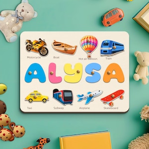 May include: Wooden puzzle featuring the name "ALYSA" in large, colorful letters, with transportation-themed images like a motorcycle, boat, and airplane. The puzzle is designed for children and includes a taxi, subway, and skateboard.