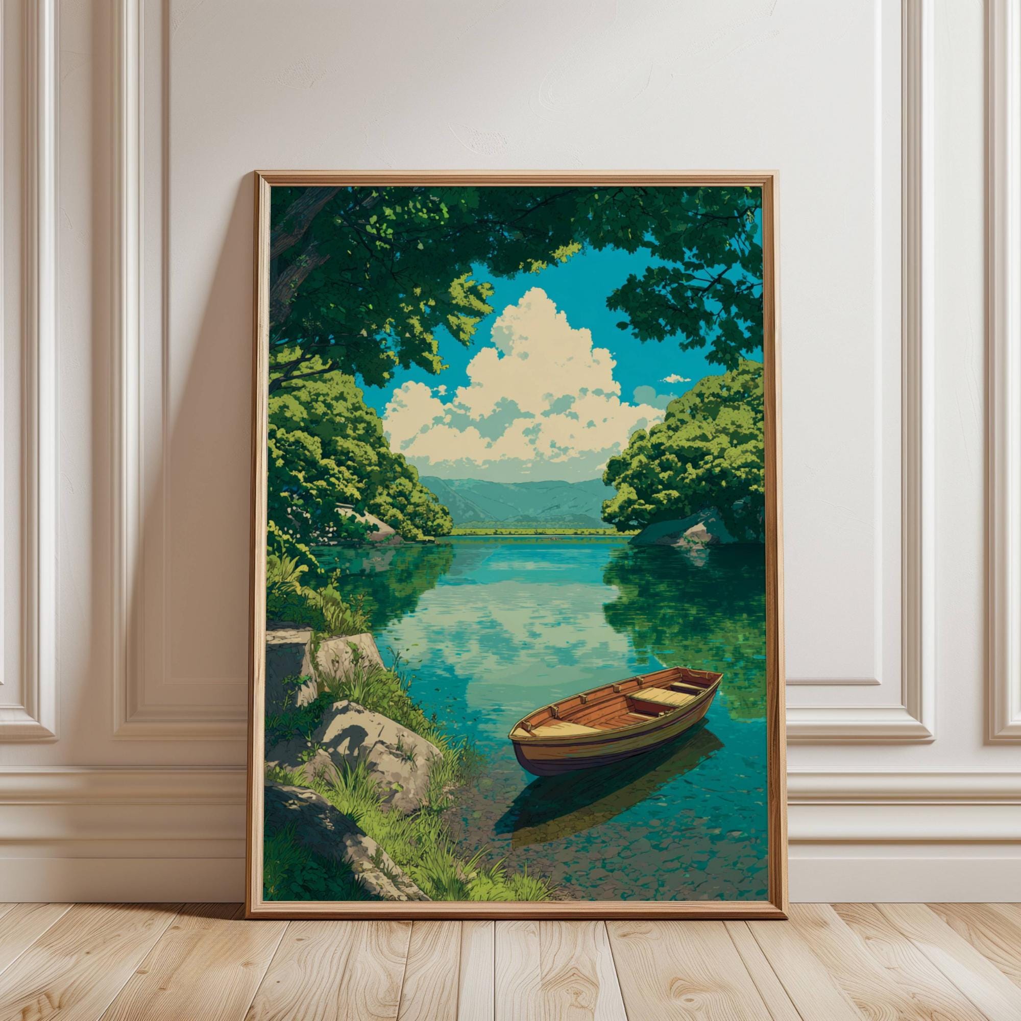 Peaceful Summer Lakeside in Japan – Hasui Kawase Style Wooden Boat