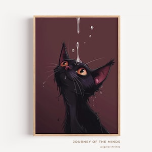 Funny Black Cat Art Print: Whimsical Cartoon Illustration (Digital Download