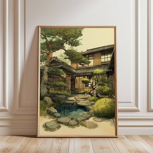 Puede incluir: Una impresión enmarcada de una escena de jardín japonés. La obra de arte representa una casa de madera tradicional con un estanque, rocas y árboles cuidadosamente recortados. La paleta de colores incluye verdes, marrones y beige, creando una estética serena y natural.