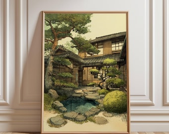 Japanese Garden Print: Zen Koi Pond & Bonsai Trees (Digital Download