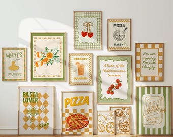 Set of 12 Retro Kitchen Gallery Wall Art Set, 70s Italian Bistro Food Prints (Digital Download)