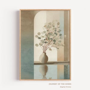 Minimalist Japandi Wall Art with Eucalyptus in Vase – Soft Earth Tone Zen Still Life Printable Art – Wabi Sabi Aesthetic Digital Download