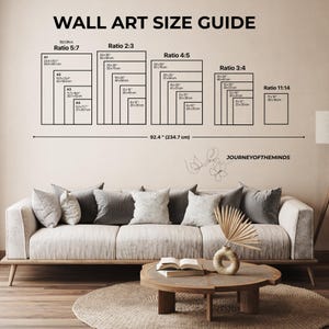 May include: Wall art size guide with dimensions in inches and centimeters. The guide includes ratios 5:7, 2:3, 4:5, 3:4, and 11:14, with sizes ranging from 8x10 inches to 24x36 inches. A sofa, coffee table, and decorative items are in the foreground.