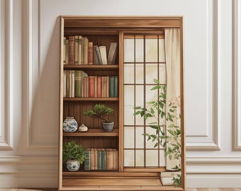 Op de afbeelding: Een ingelijst kunstwerk dat een houten boekenkast met een raam afbeeldt. De boekenkast is gevuld met boeken, een bonsai-boom en decoratieve vazen. Een transparant gordijn en groen zijn zichtbaar door het raam, waardoor een serene binnenscène ontstaat.