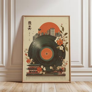 May include: Framed art print featuring a vintage vinyl record design with a cityscape, a rising sun, and cherry blossoms. The artwork has a retro aesthetic with Japanese text and a warm color palette of orange, green, and beige.