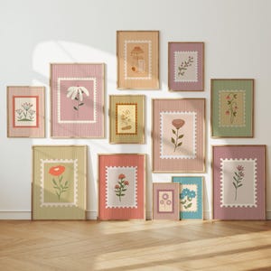 Botanical Gallery Wall Set of 12, Vintage Flower Stamp Posters, Retro Pastel Floral  Art, Digital Download