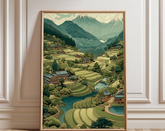 Japanese Rice Terrace Print: Japandi Countryside Landscape, Hokusai Style (Digital Download)