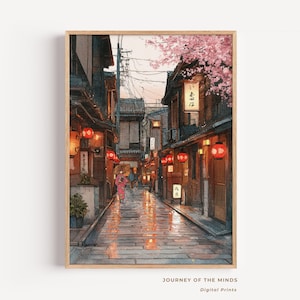 Gion Kyoto Street Art Print – Japanese Lantern Alley Wall Art | Cherry Blossom Kimono Scene | Digital Japan Decor