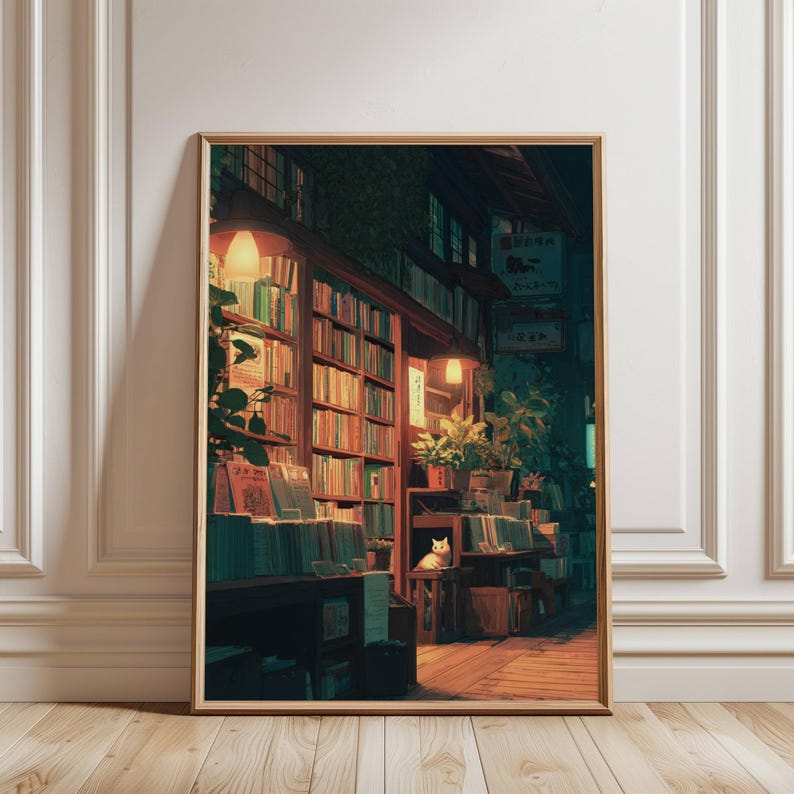 May include: A framed art print of a cozy bookstore at night. The illustration features shelves filled with books, warm lighting, and a white cat. Green plants and wooden elements add to the inviting atmosphere. The artwork is framed in a wooden frame.