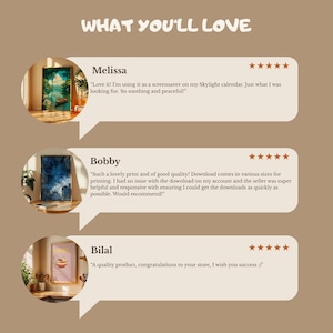 May include: A graphic display titled WHAT YOU'LL LOVE featuring three customer reviews with five-star ratings. Each review includes a circular thumbnail image of framed wall art and text from customers named Melissa, Bobby, and Bilal.