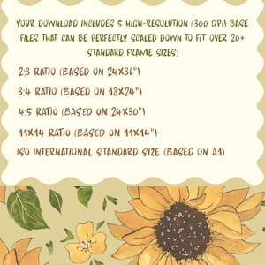 May include: A digital download information graphic with a scalloped border on a light beige background. The text lists 5 high-resolution 300 DPI files with ratios including 2:3 (24x36 inches), 3:4 (18x24 inches), 4:5 (24x30 inches), 11x14, and ISO A1.