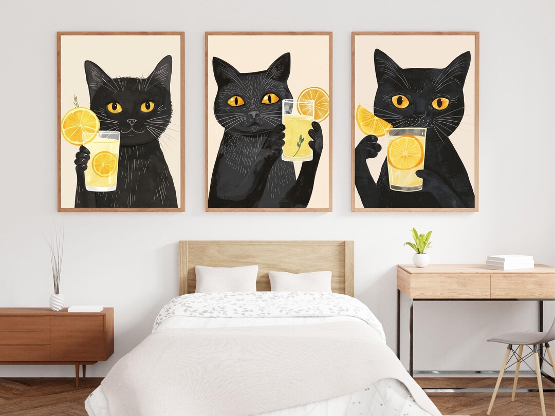 Vintage Style Black Cat Wall Art - Set of 3 Prints - Retro Minimal ...