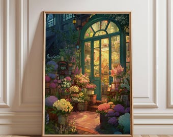 Lámina de la floristería de Ghibli, ilustración de noche de anime (descarga digital)