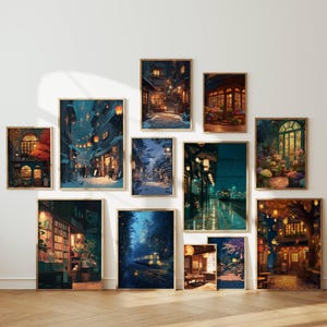 May include: A collection of framed art prints depicting serene, nighttime scenes of Japanese streets and buildings. The artwork features warm lighting, snow, and lanterns, creating a cozy and inviting atmosphere. The prints are displayed on a white wall.