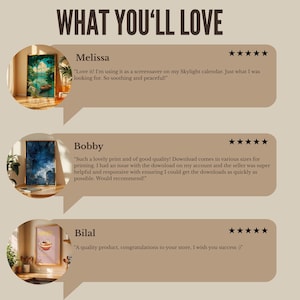 May include: A graphic with the text "WHAT YOU'LL LOVE" and customer reviews. The reviews feature framed art prints with landscape and abstract designs. One review mentions using the art as a screensaver.