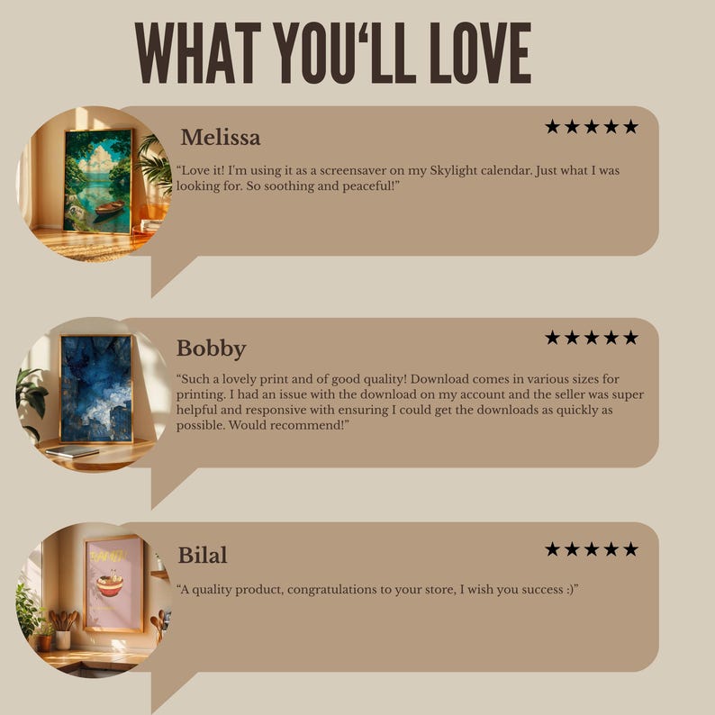 May include: A graphic with the text "WHAT YOU'LL LOVE" and customer reviews. The reviews feature framed art prints with landscape and abstract designs. One review mentions using the art as a screensaver.