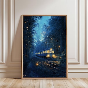 May include: A framed art print depicts a train traveling through a dark forest at night. The train is illuminated with warm lights, and the forest is filled with glowing orbs. The artwork is framed in a light brown wooden frame.