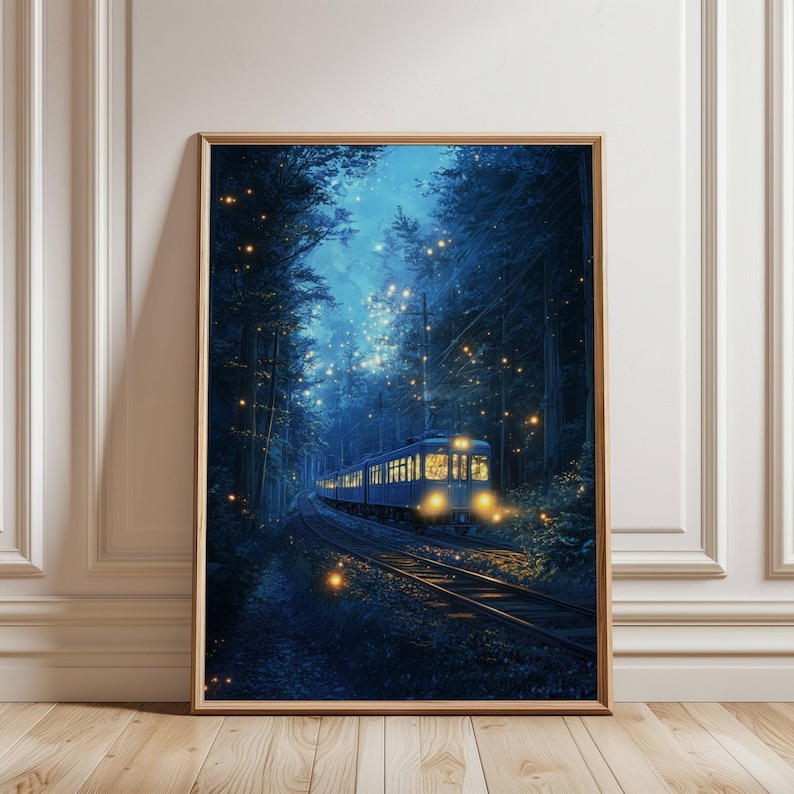 May include: A framed art print depicts a train traveling through a dark forest at night. The train is illuminated with warm lights, and the forest is filled with glowing orbs. The artwork is framed in a light brown wooden frame.