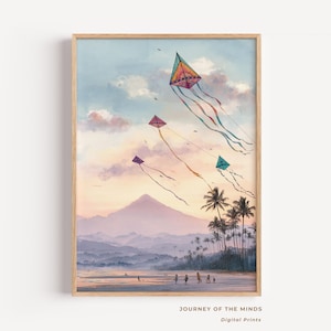 Tropischer Drachen Festival Print: Indonesischer Strand bei Sonnenuntergang, Boho Himmel Dekor (digitaler Download)