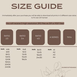 May include: A beige size guide with text in a brown font. The guide includes size ratios, such as 2:3, 3:4, 4:5, A Series, and 11x14. It lists print sizes in inches, including 4x6, 6x8, 8x10, and A1, A2, A3, A4.