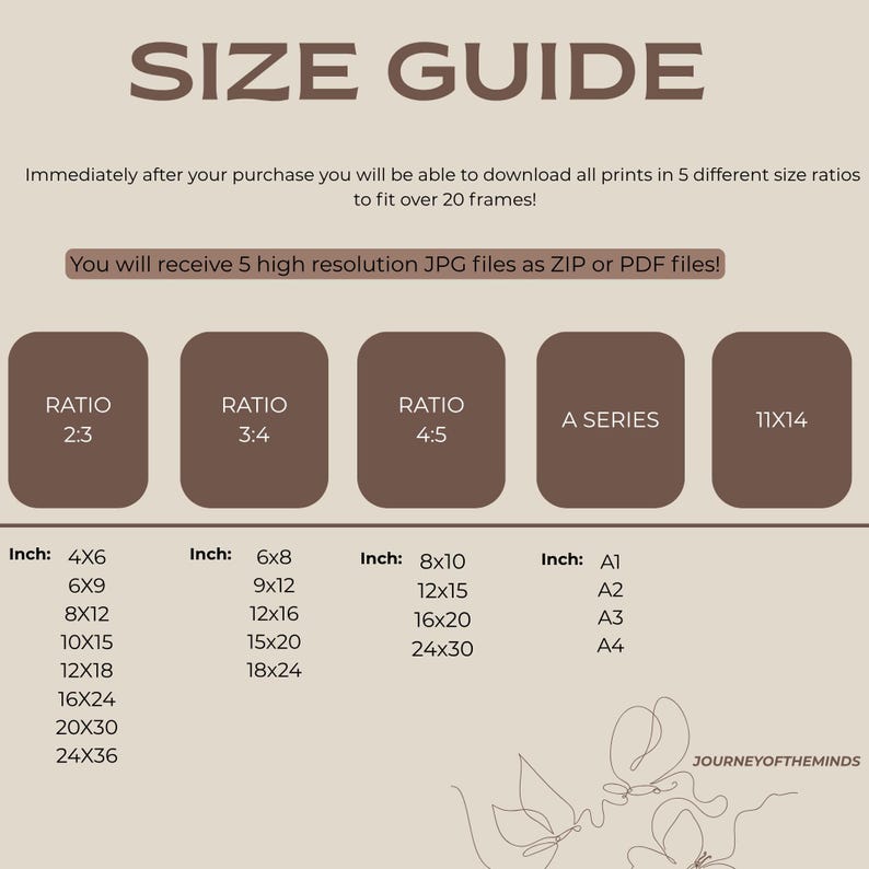 May include: A beige size guide with text in a brown font. The guide includes size ratios, such as 2:3, 3:4, 4:5, A Series, and 11x14. It lists print sizes in inches, including 4x6, 6x8, 8x10, and A1, A2, A3, A4.