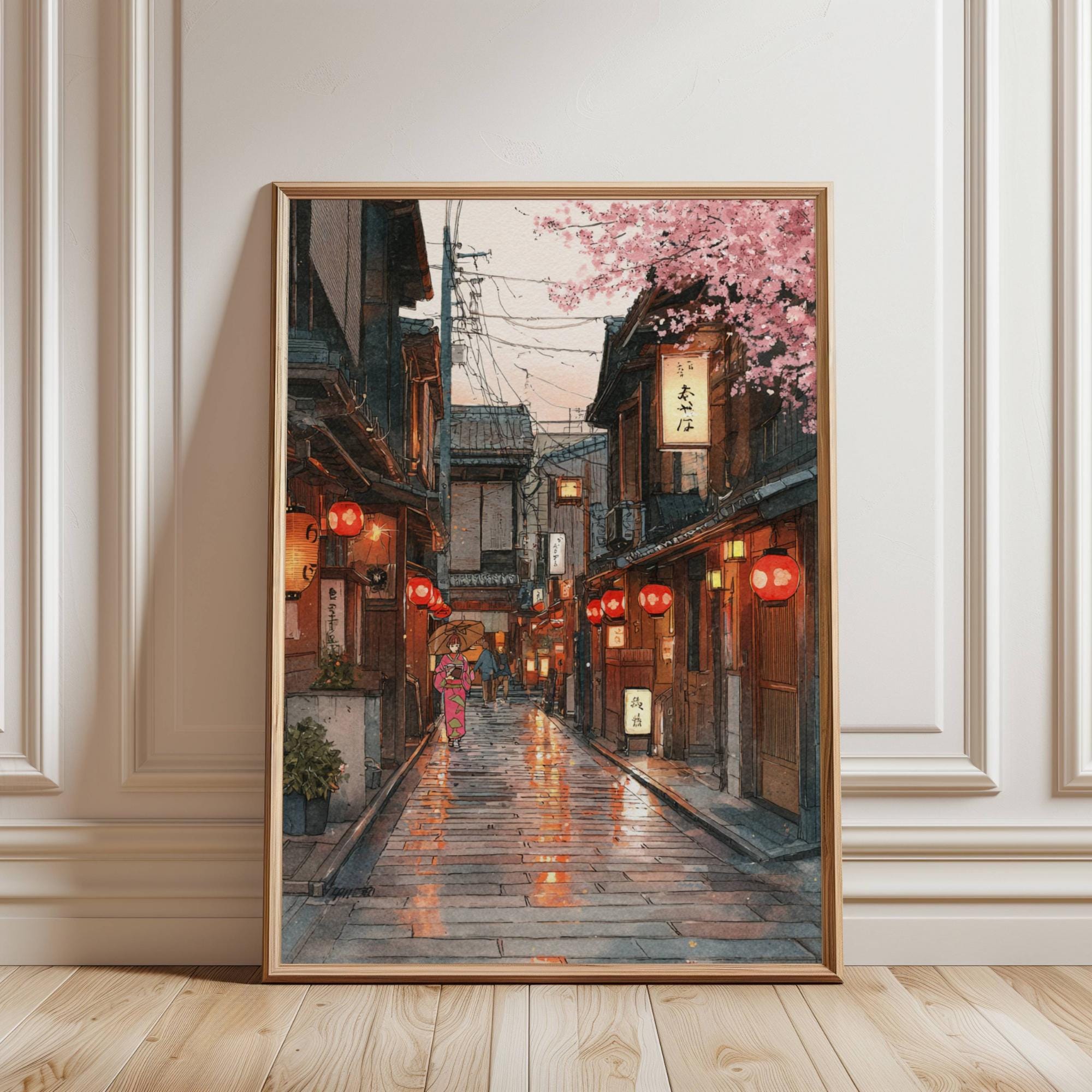 Kyoto Street Art Print: Japanese Lantern Alley, Cherry Blossom