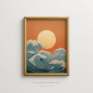 Hokusai-Wellen-Kunstdruck: Japanische Vollmond-Ozeankunst, minimalistische Meereslandschaft als Wanddekoration (Digitaler Download)