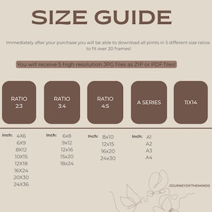 May include: A beige size guide chart with brown text and rounded rectangular icons. It lists five print ratios: 2:3, 3:4, 4:5, A Series, and 11x14, with corresponding dimensions in inches. The text includes 'SIZE GUIDE' and 'JOURNEYOFTHEMINDS'.