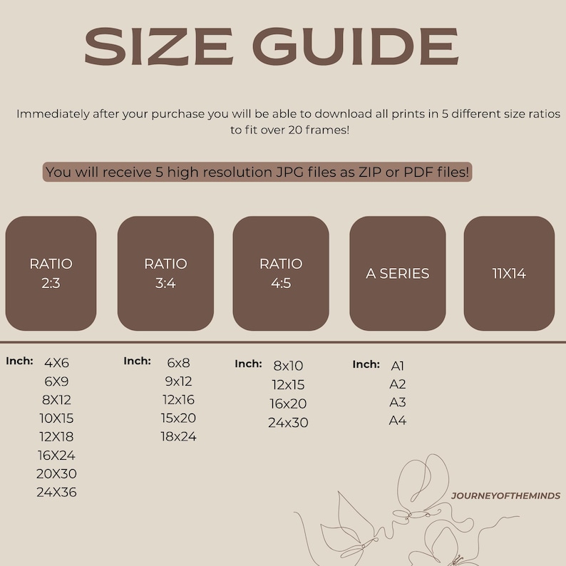 May include: A beige size guide chart with brown text and rounded rectangular icons. It lists five print ratios: 2:3, 3:4, 4:5, A Series, and 11x14, with corresponding dimensions in inches. The text includes 'SIZE GUIDE' and 'JOURNEYOFTHEMINDS'.