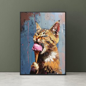 Gato retro comiendo helado – Escena callejera en acuarela de los años 70 – Impresión digital de arte mural