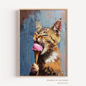 Funny Cat Ice Cream Wall Art – Retro 70s Watercolor Poster, Cute Cat Illustration Print, Whimsical Digital Download