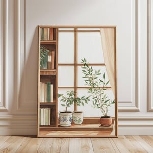 Puede incluir: Impresión en acuarela de una escena de ventana con una estantería, plantas y una cortina. La estantería está llena de libros de varios tamaños y colores. Dos plantas en macetas están en el alféizar de la ventana, y una planta más alta está en una maceta de terracota. La ventana tiene una cortina clara.