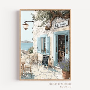 Greek Island Cafe Wall Art – Printable Summer Poster, Coastal Coffee Shop Decor, Mediterranean Digital Download