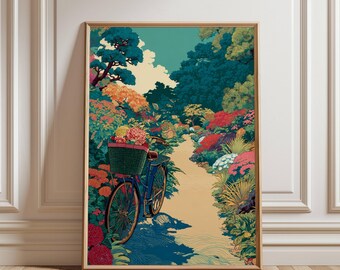 May include: A framed art print showing a garden scene. A blue bicycle with a basket of flowers is on a path. The path is flanked by colourful flowers and greenery, with trees and a blue sky in the background. The artwork is in a wooden frame.