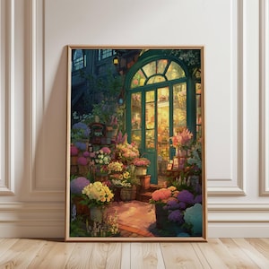 May include: A framed print of a flower shop at dusk. The shop has a teal arched doorway and is filled with colorful flowers. The interior is warmly lit, and the scene is surrounded by lush greenery and other flowers in pots.