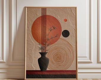 Può includere: Stampa artistica astratta con un vaso nero e una pianta su forme geometriche arancioni e marroni. L'opera d'arte include un grande cerchio arancione, un cerchio nero più piccolo e un motivo a spirale. La tavolozza dei colori è terrosa, con uno sfondo strutturato.