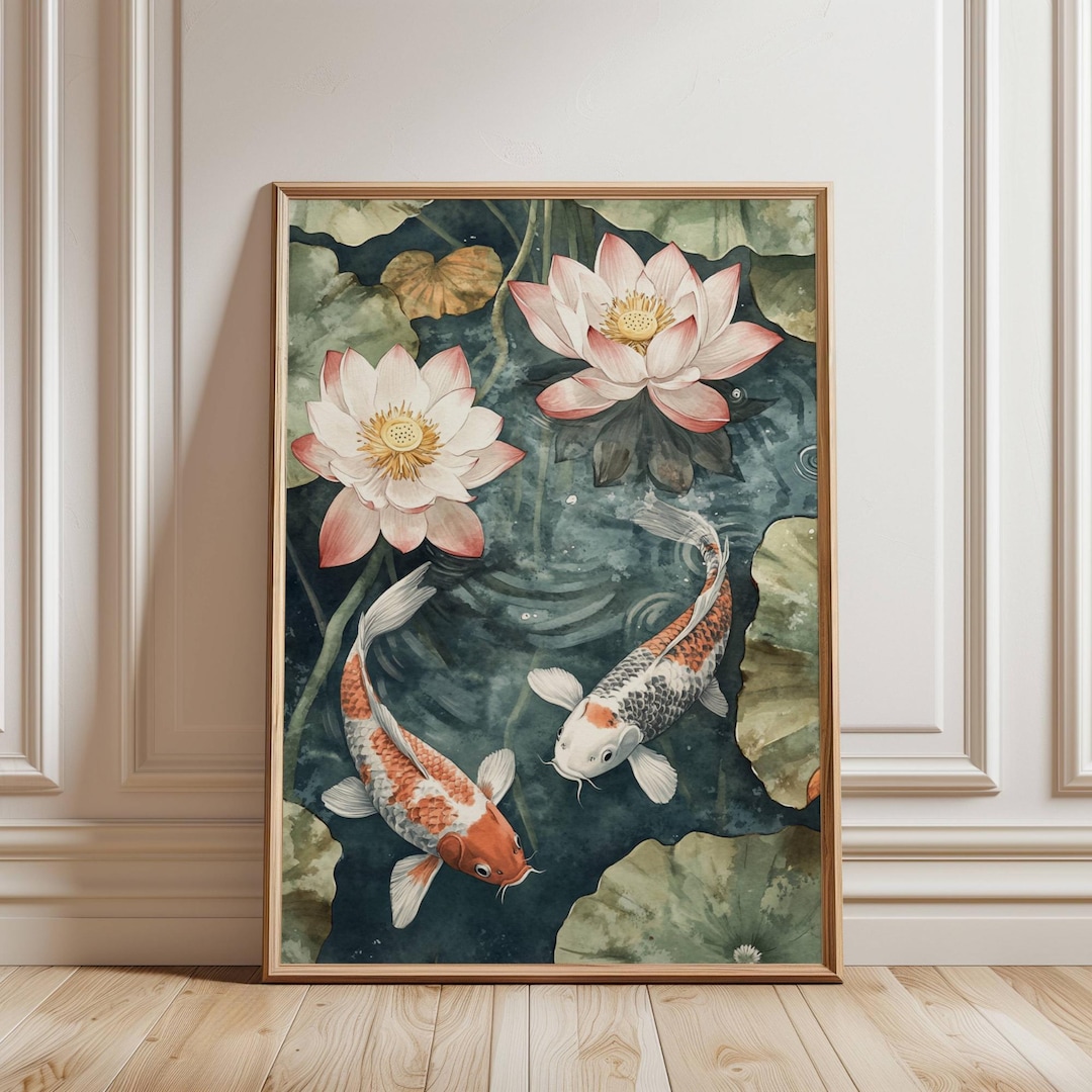 フレンチ水彩画 price down 14800->8000 鯉の池の壁画 – ヴィンテージの日本の蓮の水彩画プリント | 禅庭園の