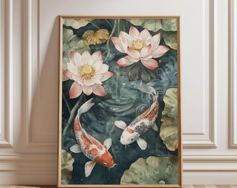 Japanese Koi Fish Wall Art | Vintage Lotus Pond Print | Zen Watercolor ...
