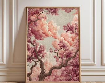 Stampabile su parete con fiori di ciliegio rosa, arte digitale Japandi Zen, poster con albero di nuvole sognante, decorazione murale estetica delicata
